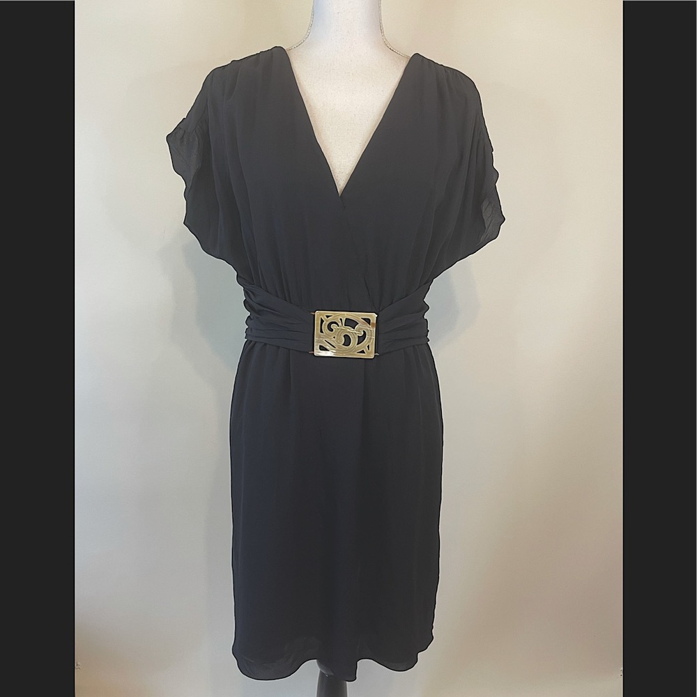 Valentino Black Silk Plunge Neck Buckle Detail Belted Dress